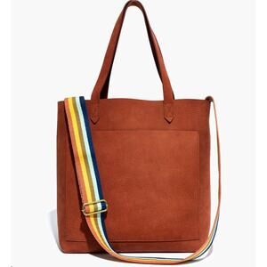 Madewell Medium Transport Tote Nubuck Leather Striped Strap Spiced Cider Tan